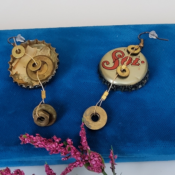 Mixed Metal Upcycled Hand Crafted Sol Cerveza Beer Bottle Cap Pierced Earrings - Picture 14 of 16